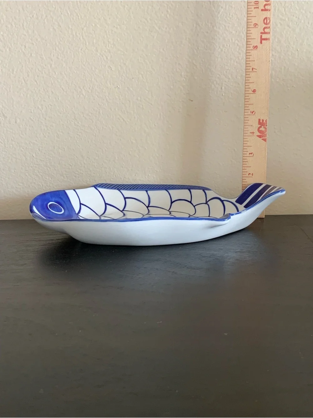 Dansk Arabesque Fish Shaped Shallow Bowl Cobalt Blue and White Dish Platter